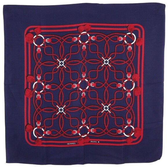 HERMES Carree scarf Rope Pattern Navy blue / red silk Women